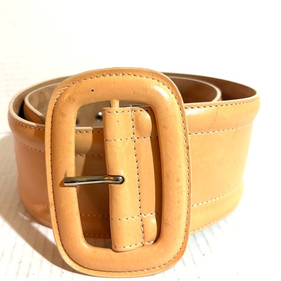 Michael Kors Tan leather  Belt with Large Buckle size M 35.5X 3 Vtg Western‎ Boho Camel Brown Braided Weaved Genuine Leather  main image 2